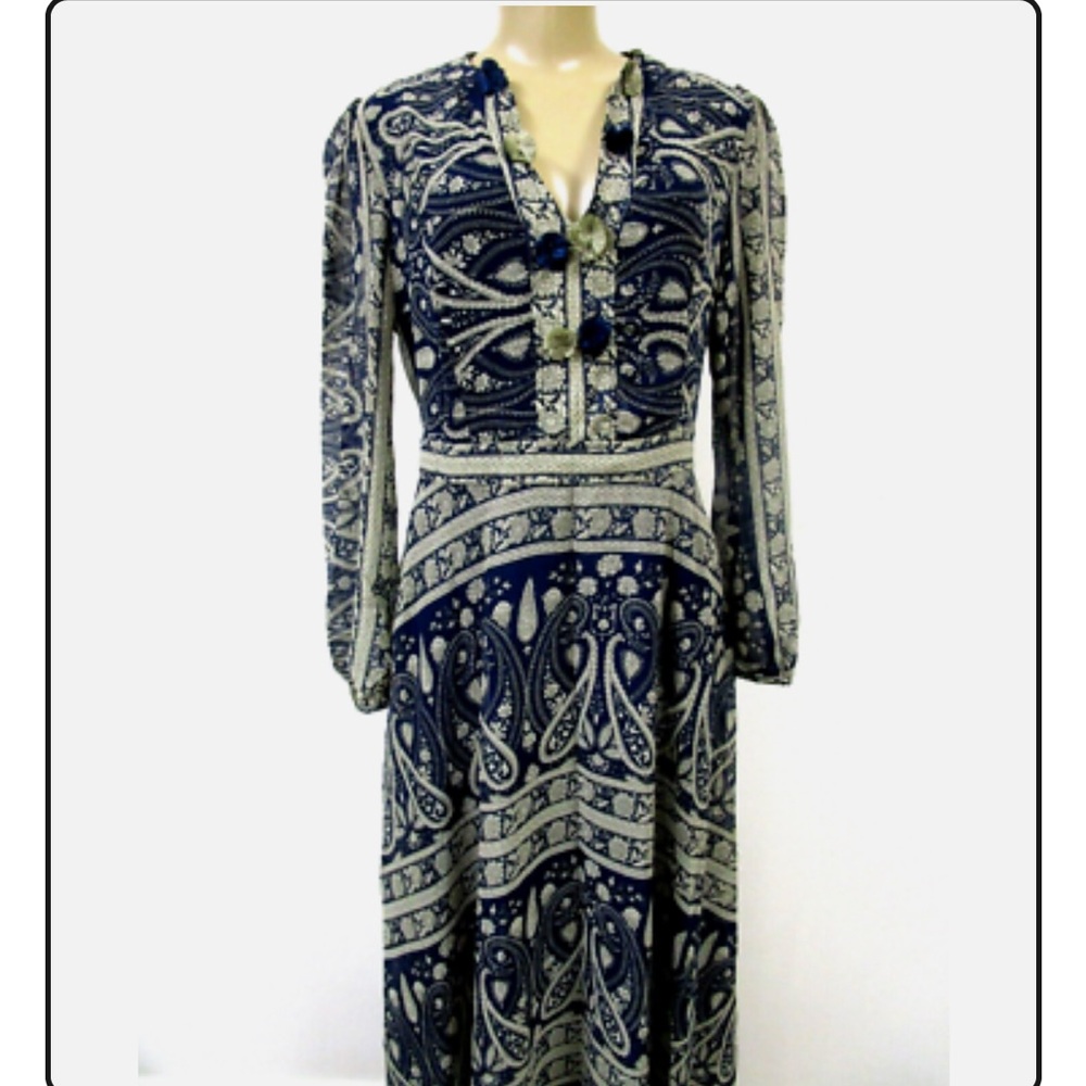 Sheryl Crow Floral Maxi Dress Size 10 Blue Gray Long Sleeve V Neck NWT